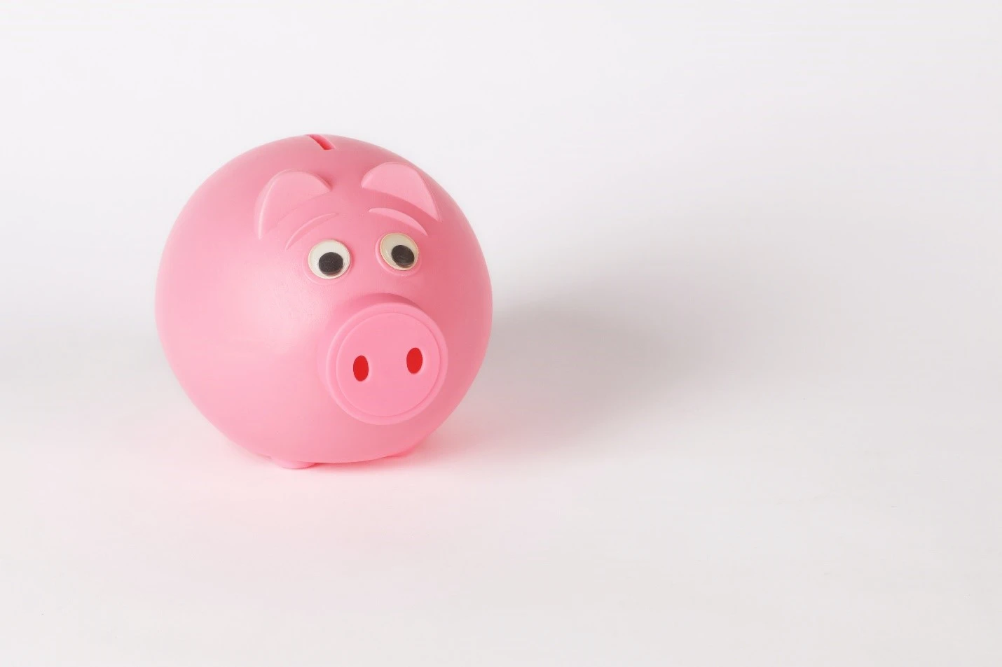 Pink piggy bank in front of white background.