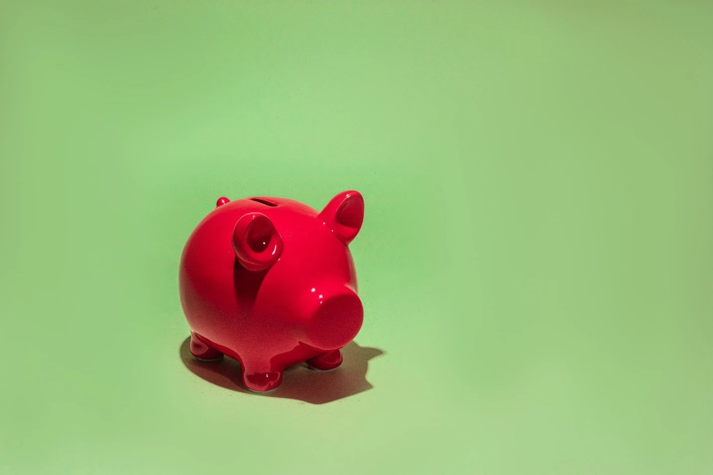 Red piggy bank in front of green background.